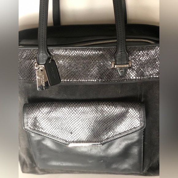 COACH Grey Large Carryall Suede Leather Tote Large Expandable Zipper Snakeskin - Picture 7 of 15